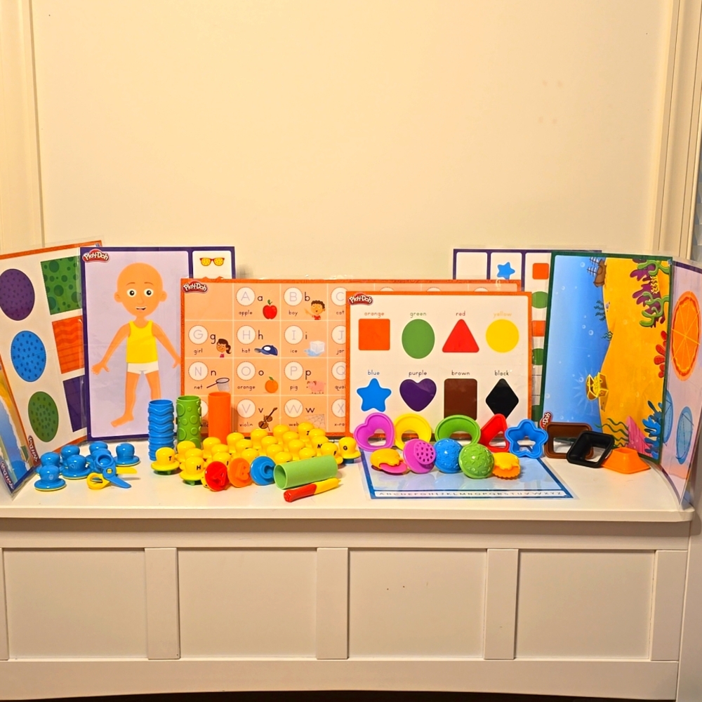 4 Playdoh Shape & Learn Sets:Letters, Colors & Shapes, Numbers, Textures & Tools